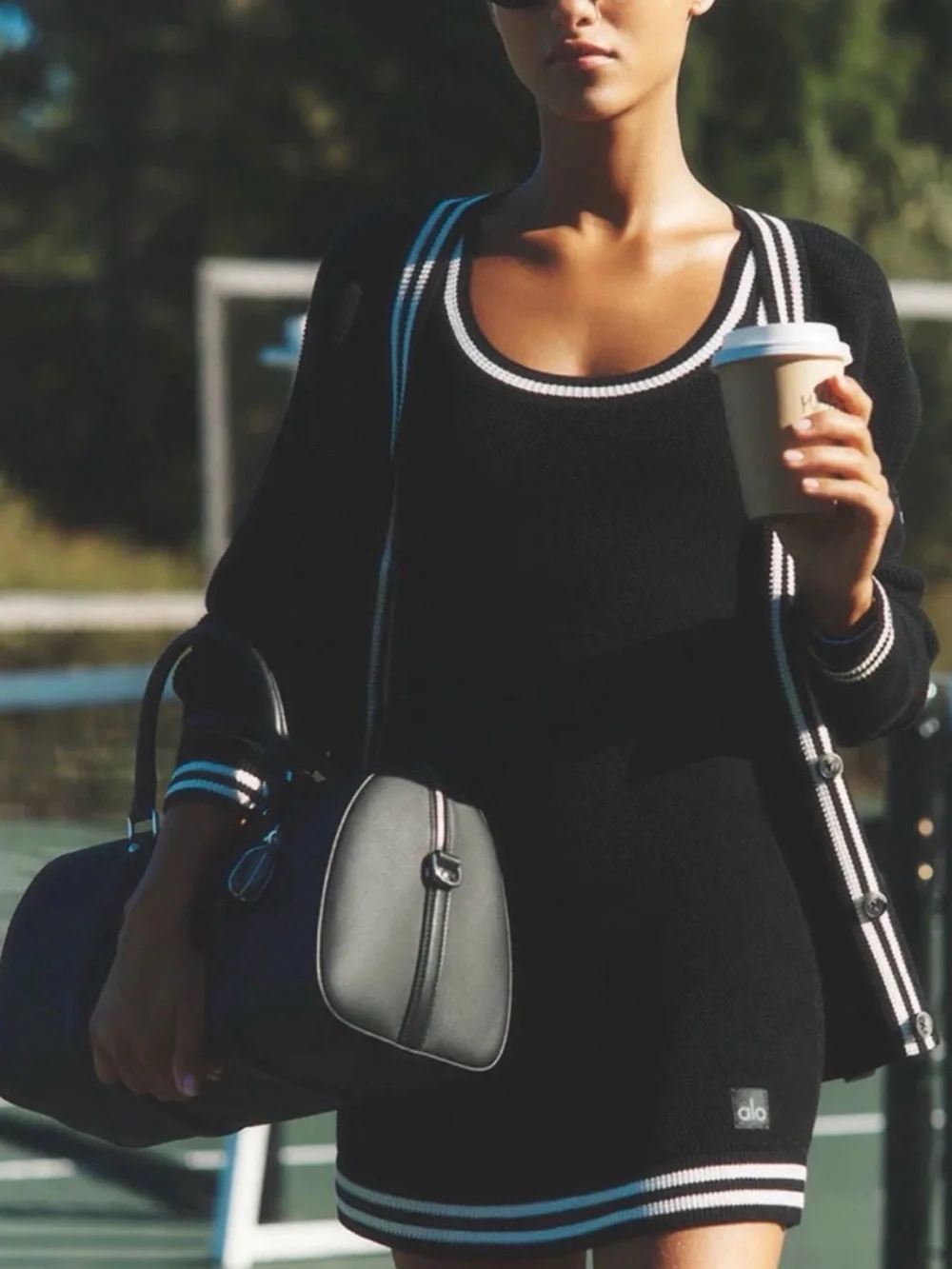 Alo yoga tennis club sweater Knit Dress with Contrast Trim black & white XXS